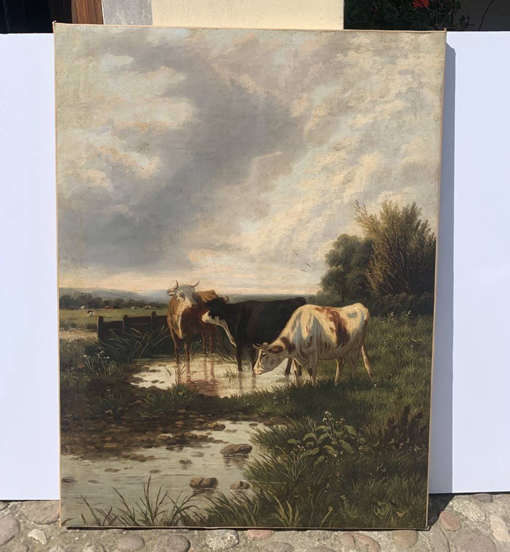 Peintre européen (XIXe siècle) - Paysage avec bétail au gué.-photo-4
