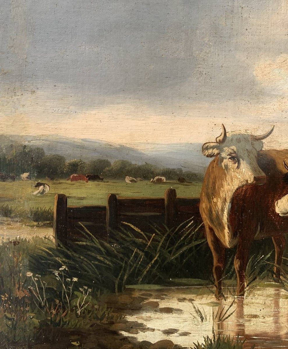 Peintre européen (XIXe siècle) - Paysage avec bétail au gué.-photo-1