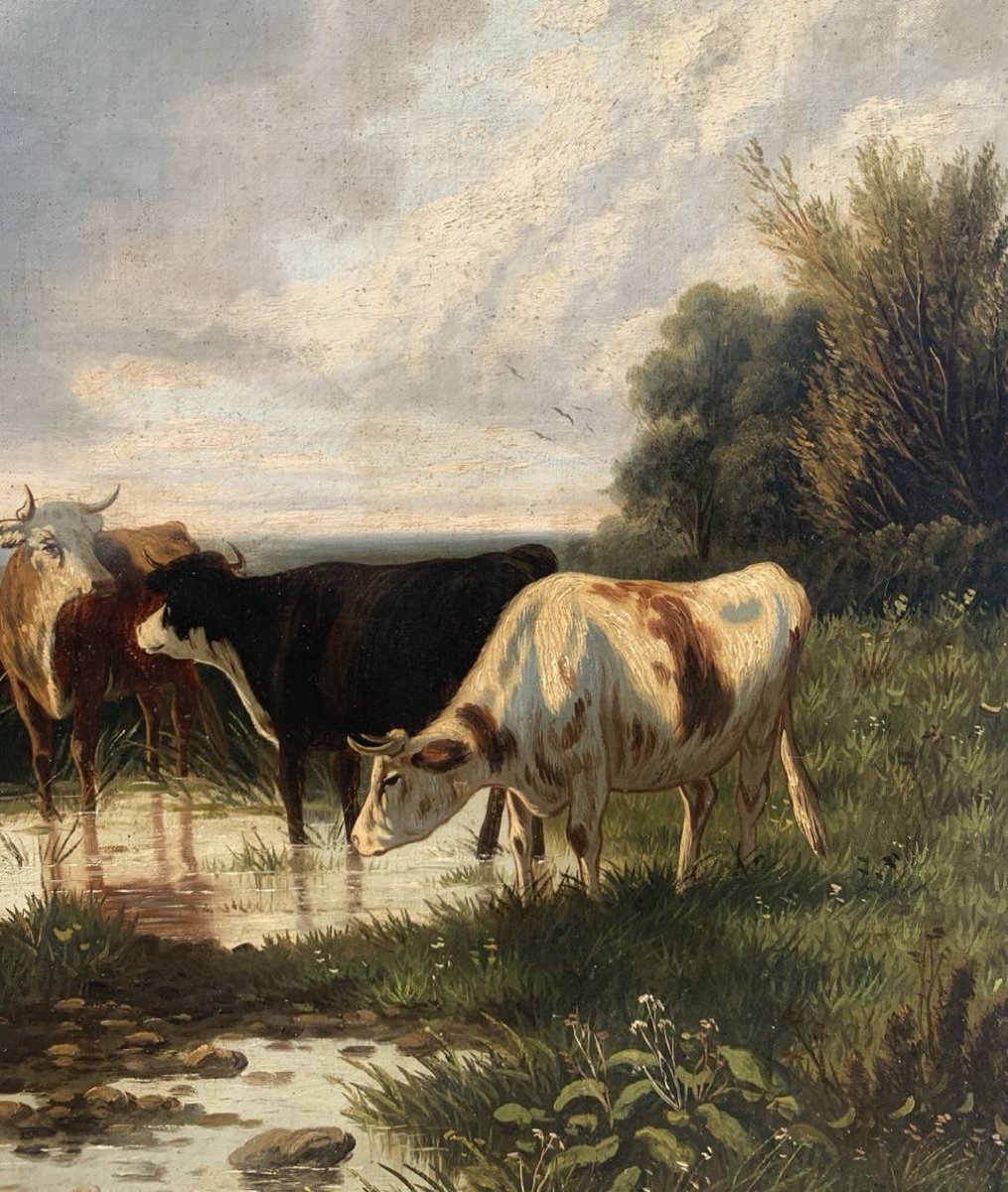 Peintre européen (XIXe siècle) - Paysage avec bétail au gué.-photo-2