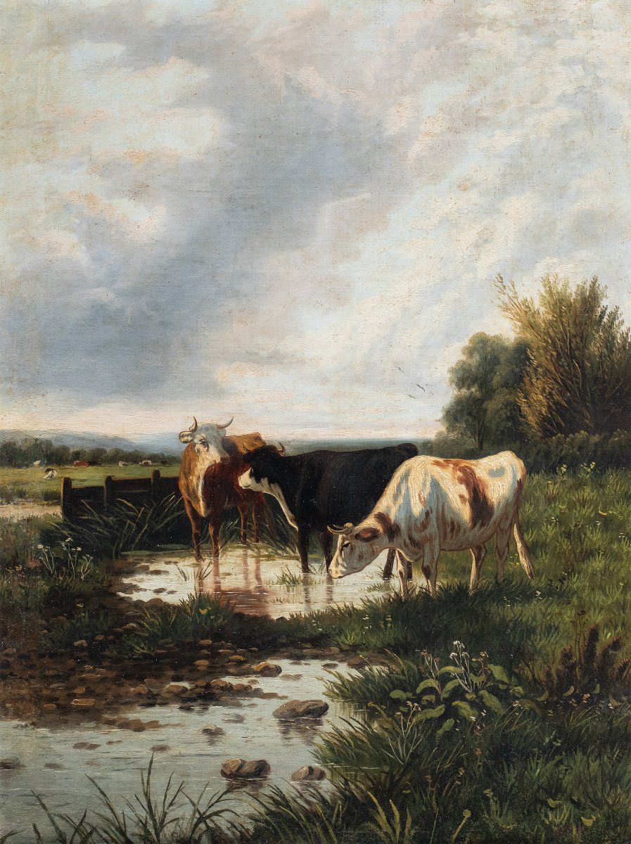 Peintre européen (XIXe siècle) - Paysage avec bétail au gué.