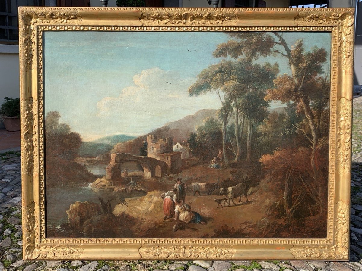 Giuseppe Zais (forno Di Canale 1709 – Treviso 1784) – Landscape With Shepherds, Herds, And A Bridge.-photo-4