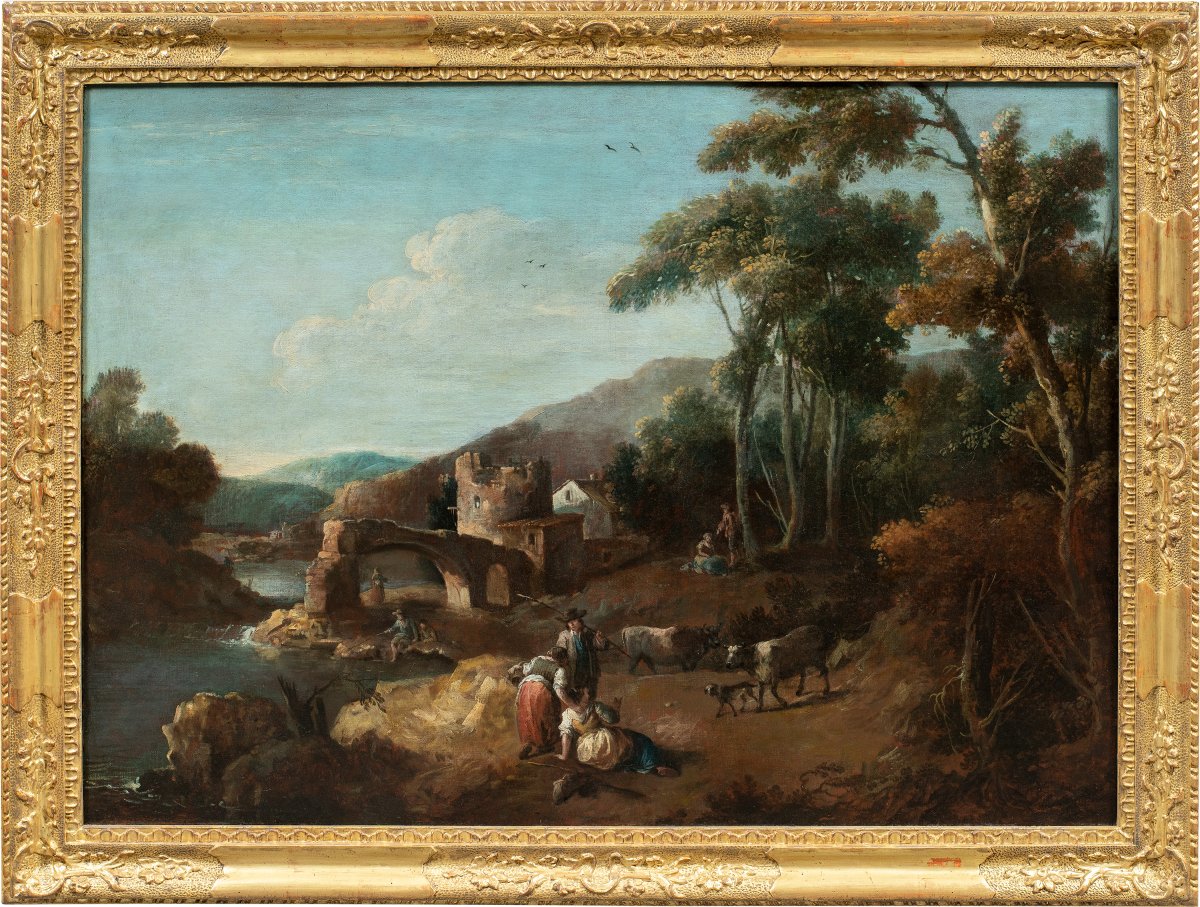 Giuseppe Zais (forno Di Canale 1709 – Treviso 1784) – Landscape With Shepherds, Herds, And A Bridge.