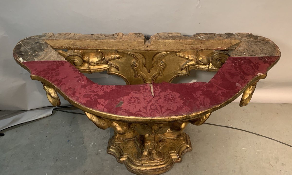 Consolle In Carved And Gilded Wood With Marble Top. Florence, 17th–18th Century.-photo-1