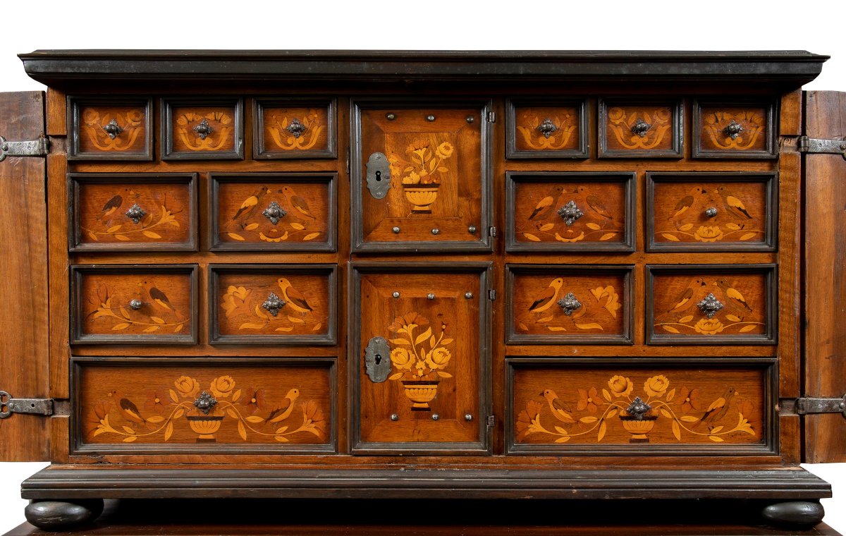 Coin Cabinet In Veneered Walnut With Floral And Bird Marquetry. Netherlands, Second Half Of The-photo-3