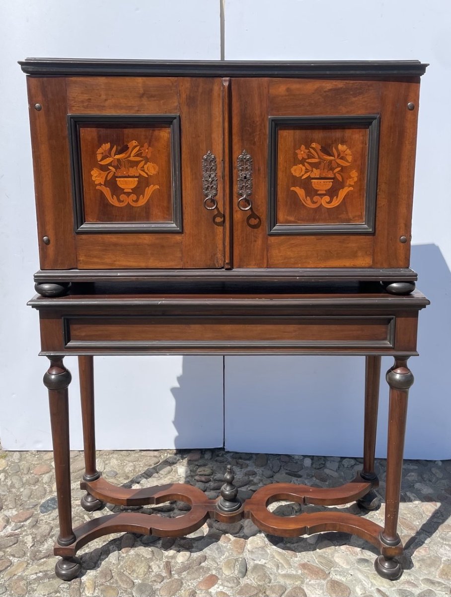 Coin Cabinet In Veneered Walnut With Floral And Bird Marquetry. Netherlands, Second Half Of The-photo-1