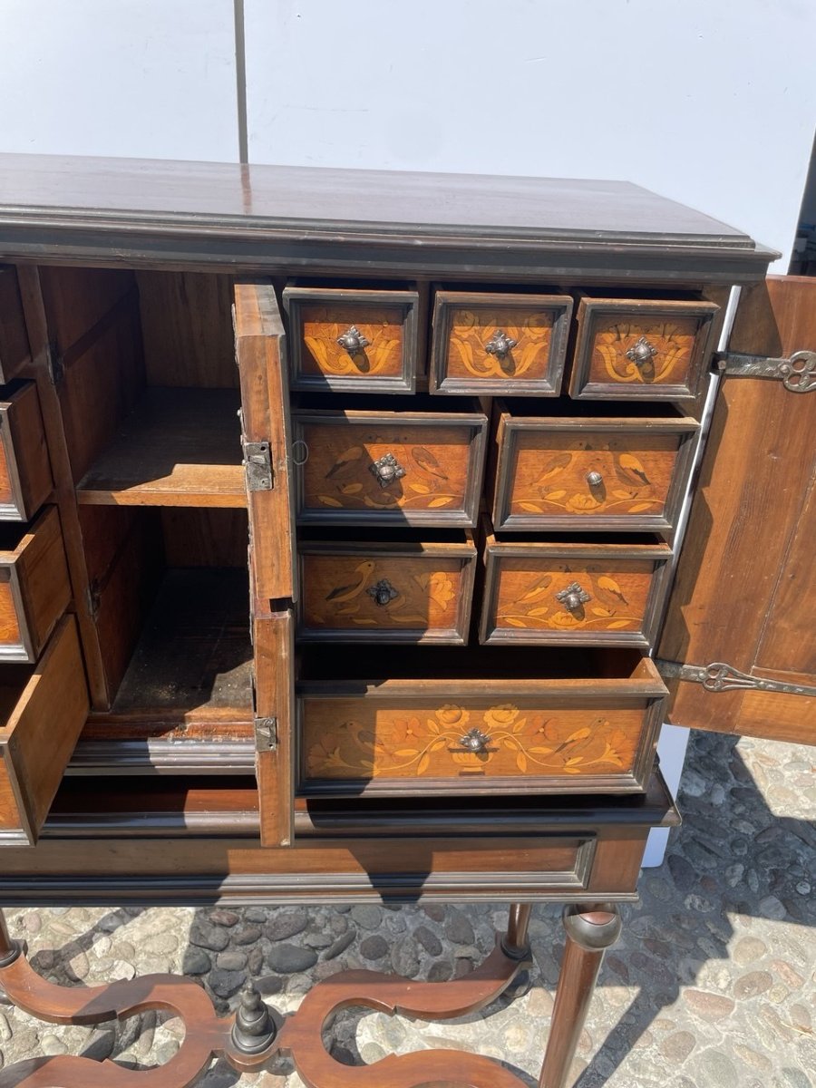 Coin Cabinet In Veneered Walnut With Floral And Bird Marquetry. Netherlands, Second Half Of The-photo-2