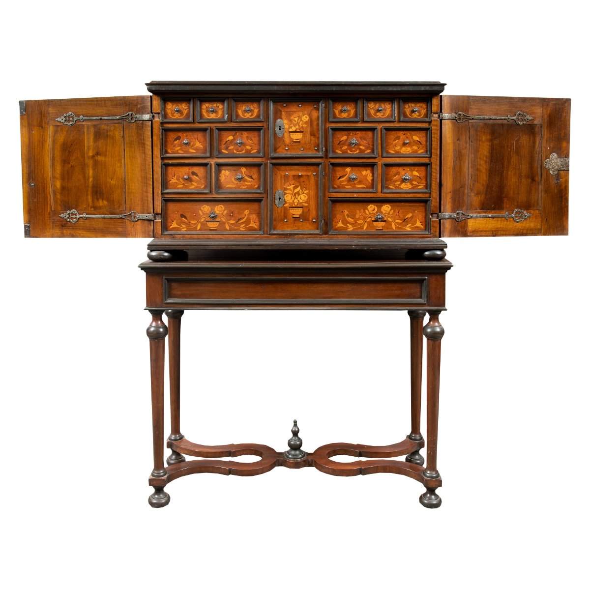 Coin Cabinet In Veneered Walnut With Floral And Bird Marquetry. Netherlands, Second Half Of The