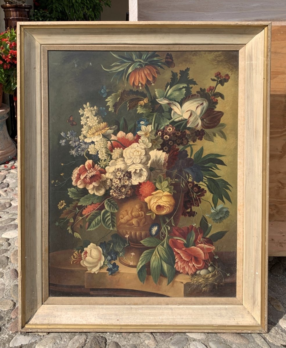 Italian Painter (19th Century) - Still Life With Vase Of Flowers.-photo-4