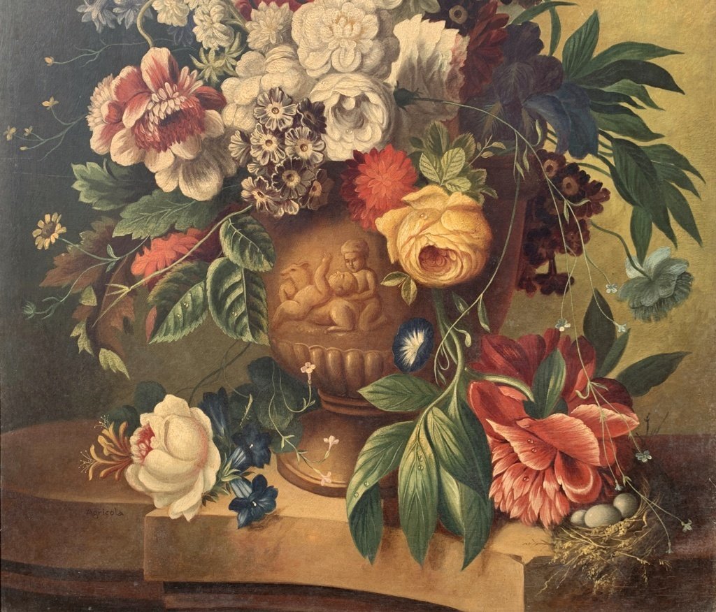 Italian Painter (19th Century) - Still Life With Vase Of Flowers.-photo-2