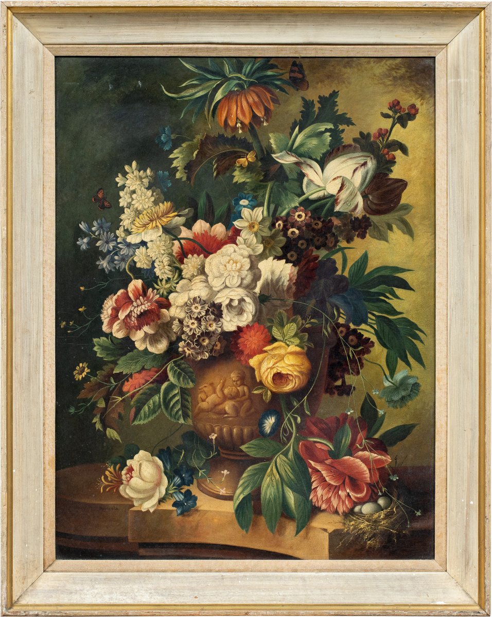 Italian Painter (19th Century) - Still Life With Vase Of Flowers.