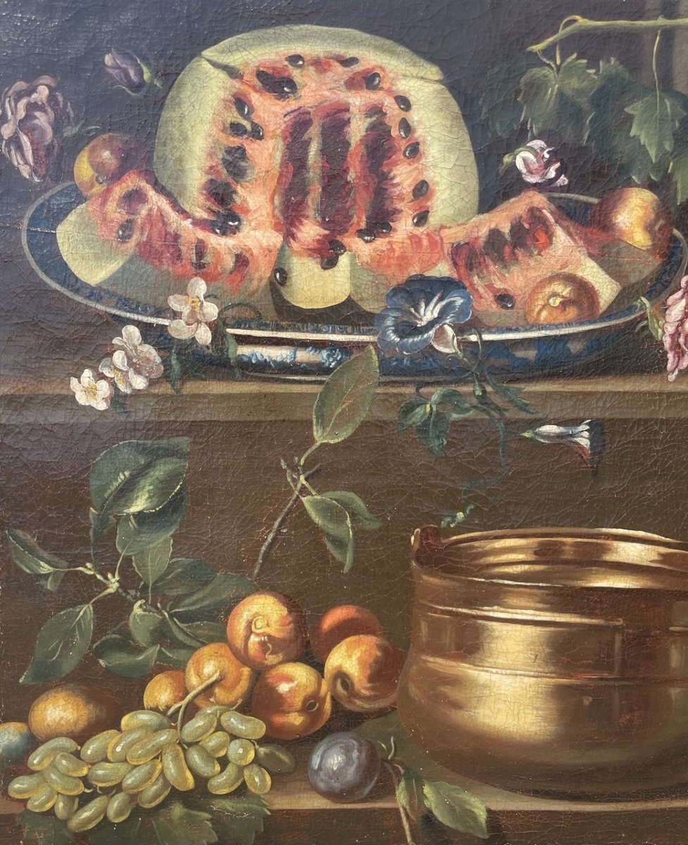 Peintre napolitain (XVIIe-XVIIIe siècle) - Nature morte à la pastèque.-photo-2