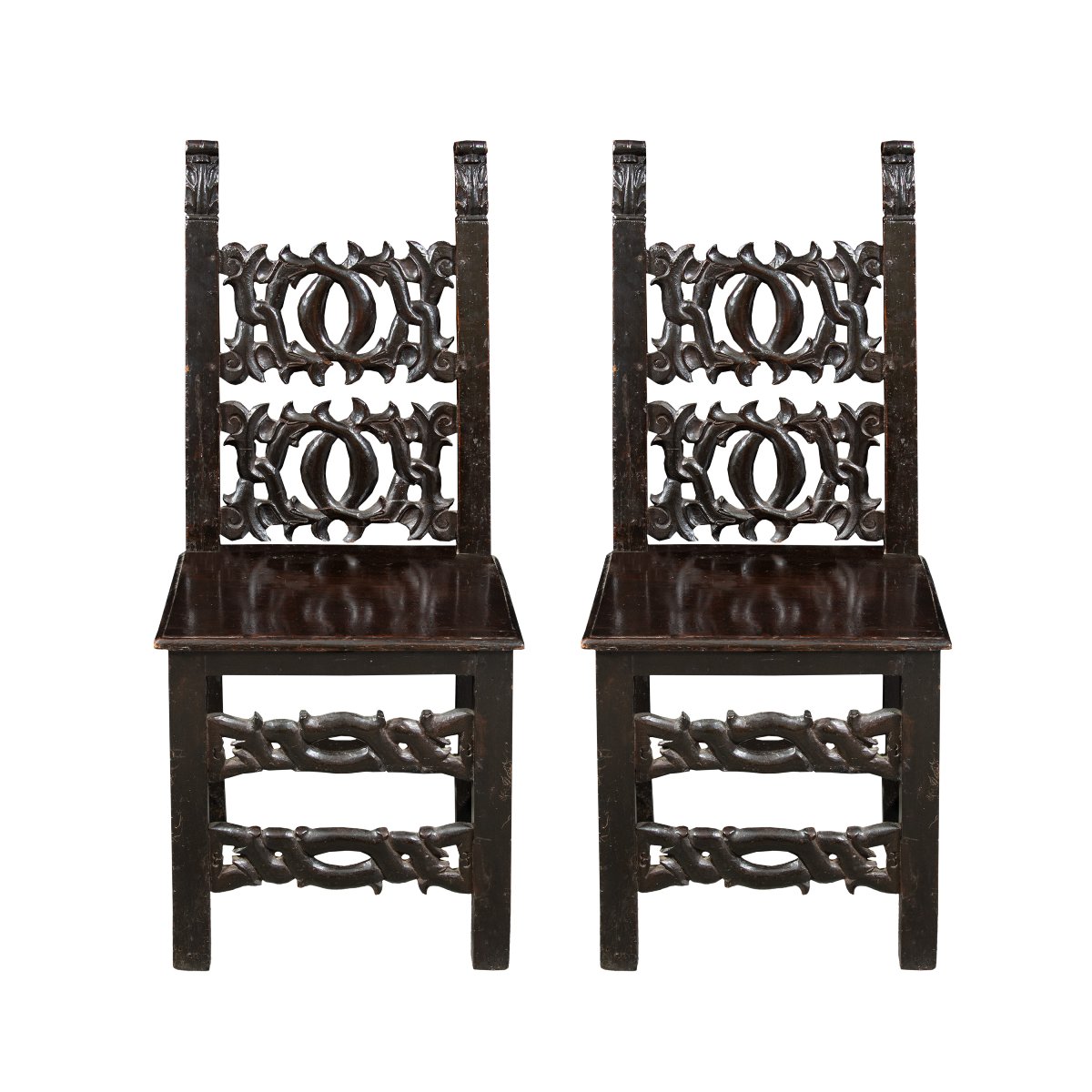 Pair Of Carved Wood Fratina Chairs. Modena, 19th Century.