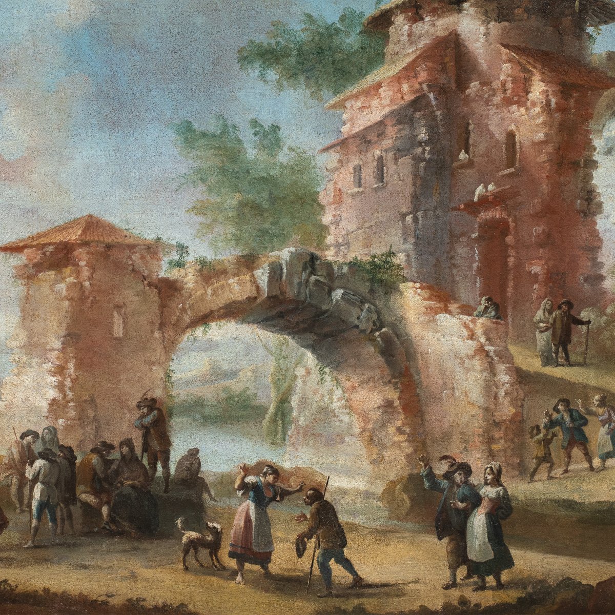 Peintre piémontais (XVIIIe siècle) - Paysage avec ruines et personnages.-photo-2