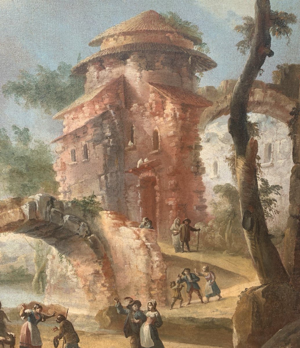 Peintre piémontais (XVIIIe siècle) - Paysage avec ruines et personnages.-photo-2