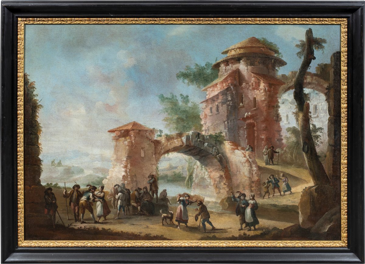 Peintre piémontais (XVIIIe siècle) - Paysage avec ruines et personnages.