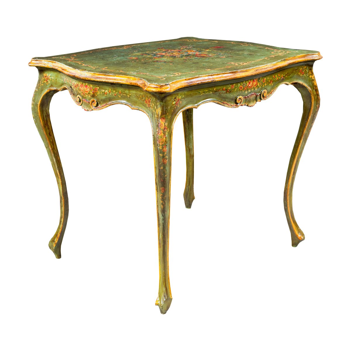 Table basse laquée verte à motifs floraux. Venise, fin du XIXe siècle.