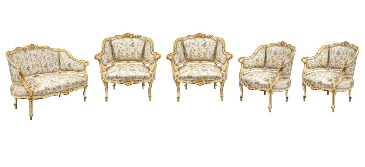 Ensemble de salon comprenant un canapé et quatre fauteuils. Venise, fin du XIXe siècle.-photo-2