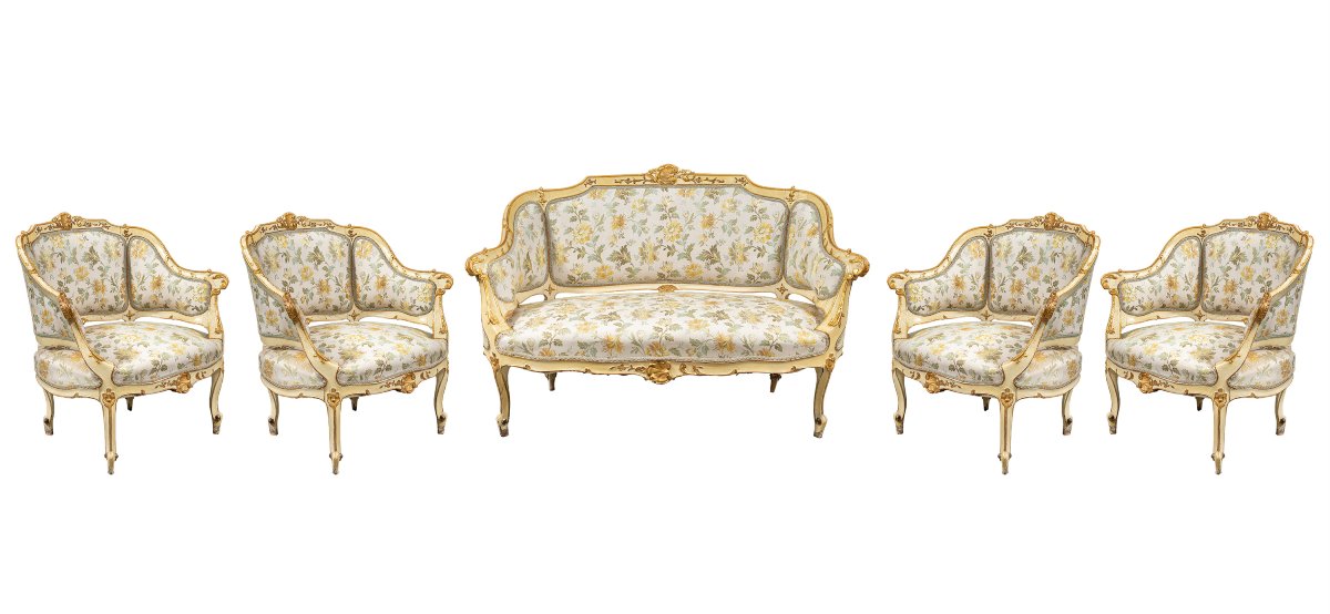 Ensemble de salon comprenant un canapé et quatre fauteuils. Venise, fin du XIXe siècle.