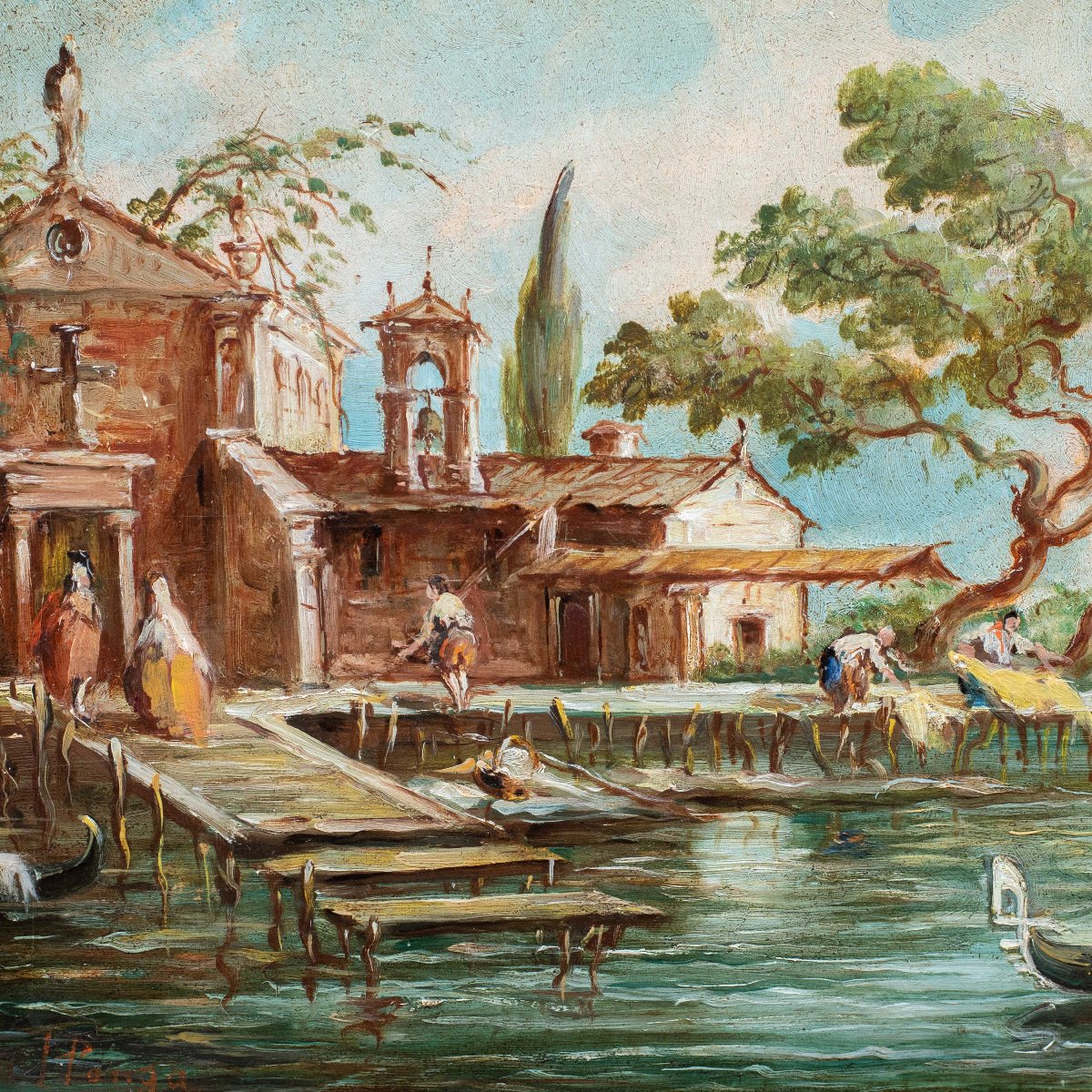 Lucia Ponga degli Ancillo (Venise, XX) - Capriccio vénitien avec jetée, gondole et machiaioli.-photo-2