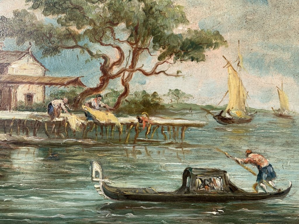 Lucia Ponga degli Ancillo (Venise, XX) - Capriccio vénitien avec jetée, gondole et machiaioli.-photo-1