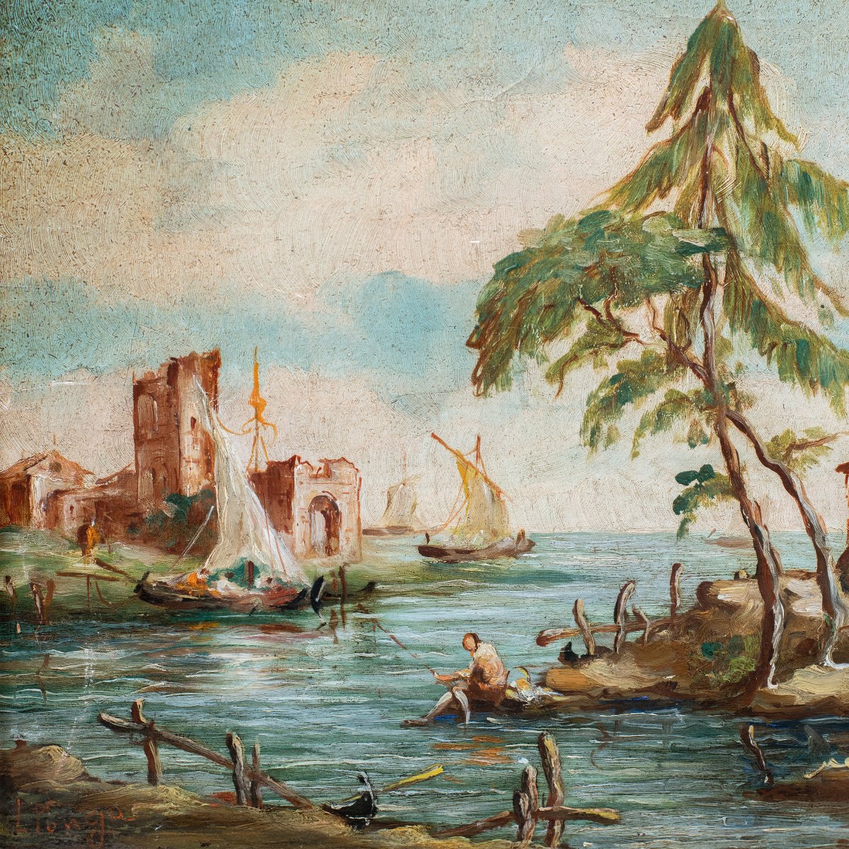 Lucia Ponga Degli Ancillo (venice, XX) - Venetian Capriccio With Ruins, Boats And Figures.-photo-2