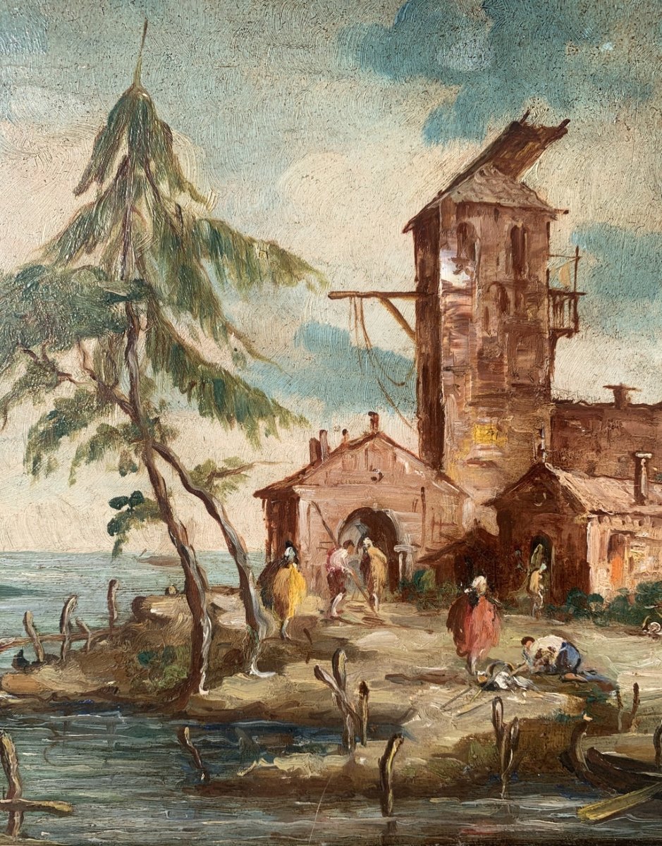 Lucia Ponga Degli Ancillo (venice, XX) - Venetian Capriccio With Ruins, Boats And Figures.-photo-4