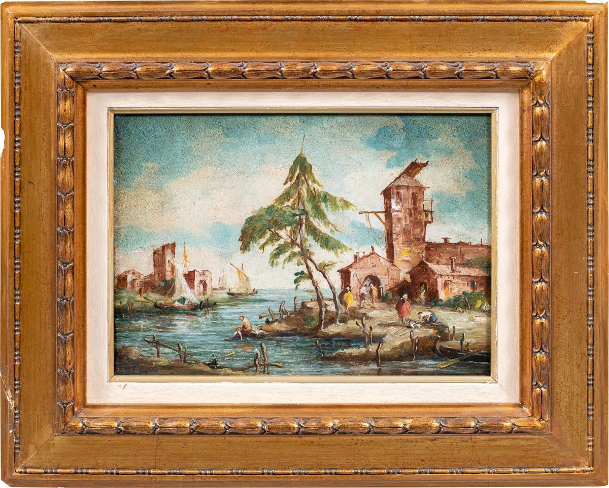 Lucia Ponga Degli Ancillo (venice, XX) - Venetian Capriccio With Ruins, Boats And Figures.