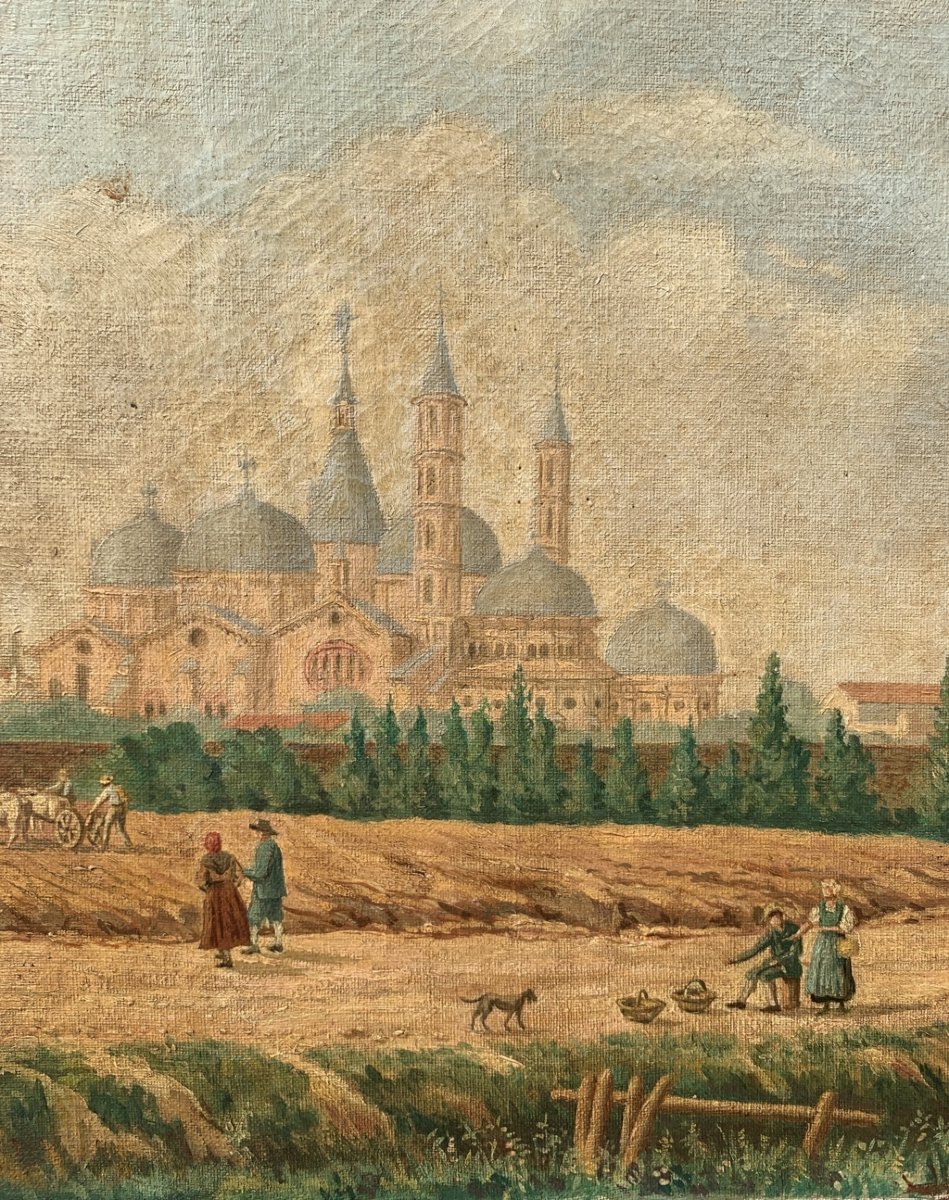 Peintre vénitien (XIX) - Vue de Padoue depuis la Porta Liviana, avec la basilique Saint-Antoine-photo-1