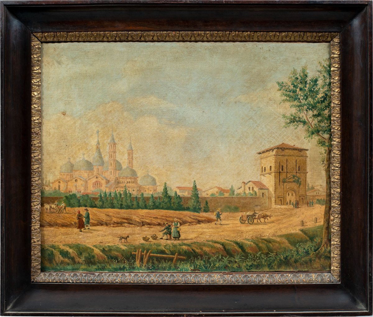 Peintre vénitien (XIX) - Vue de Padoue depuis la Porta Liviana, avec la basilique Saint-Antoine