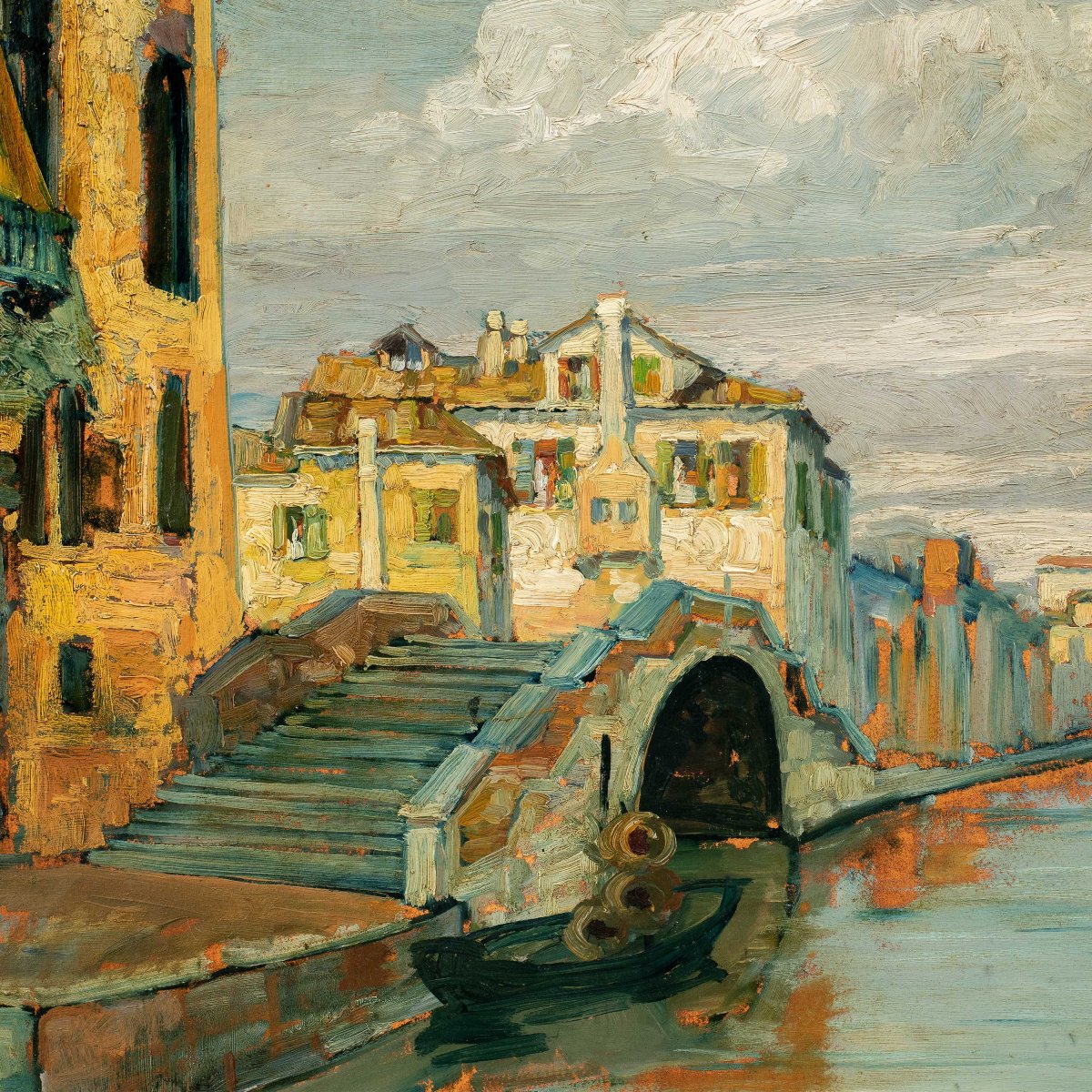 Peintre vénitien (début du XXe siècle) - Canal vénitien avec pont et palais gothique.-photo-2