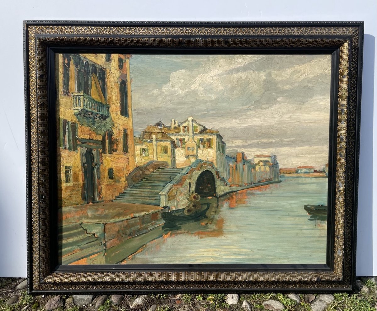 Peintre vénitien (début du XXe siècle) - Canal vénitien avec pont et palais gothique.-photo-4