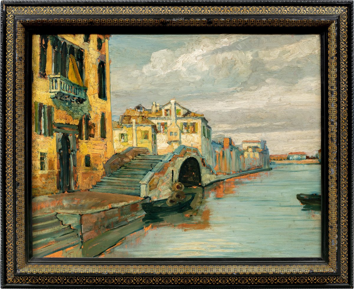 Peintre vénitien (début du XXe siècle) - Canal vénitien avec pont et palais gothique.