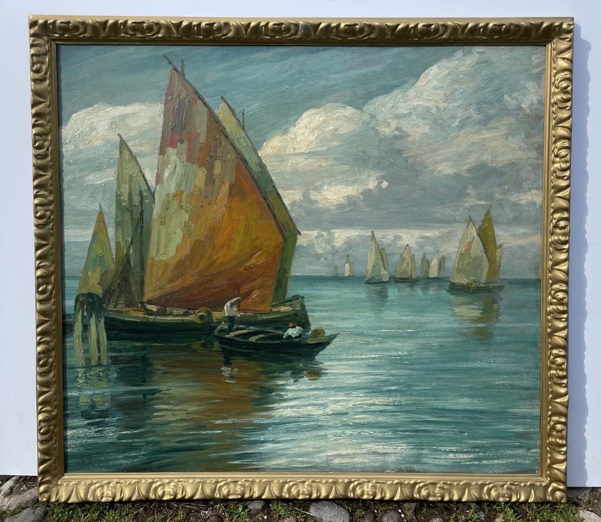 Vittorio Matiolin (active In Venice In The Early XX) - Bragozzi With Raised Sails On The Lagoon-photo-1
