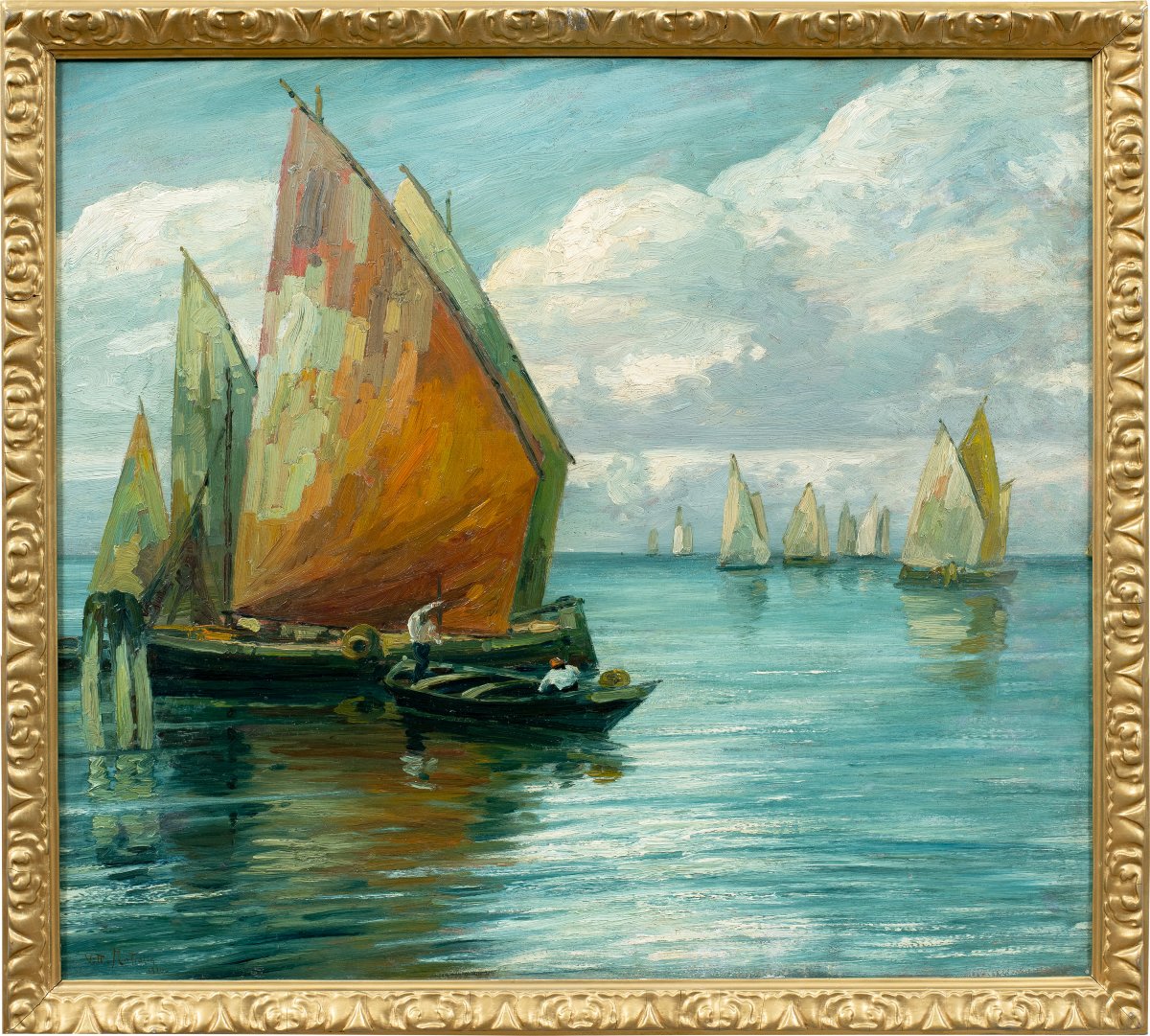 Vittorio Matiolin (active In Venice In The Early XX) - Bragozzi With Raised Sails On The Lagoon