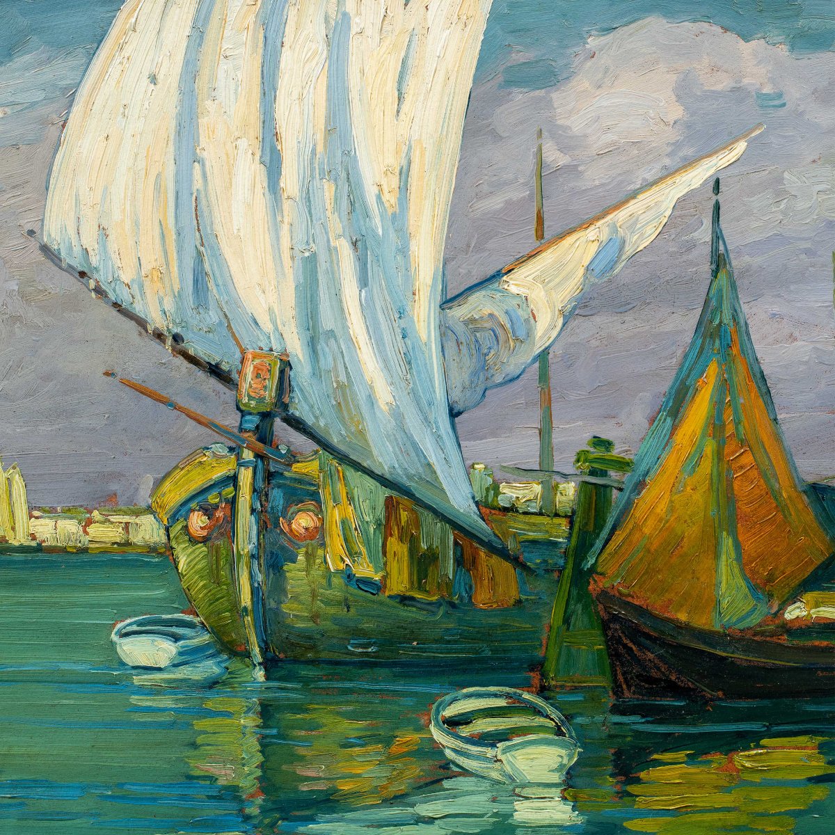 E. Scattolini (actif à Venise au début du XXe siècle) - Bragozzi à voiles dans la lagune.-photo-2