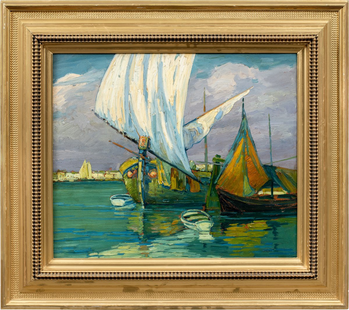 E. Scattolini (actif à Venise au début du XXe siècle) - Bragozzi à voiles dans la lagune.