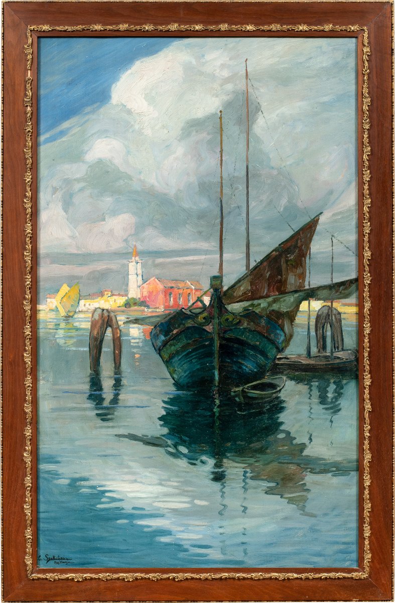 E. Scattolini (active In Venice In The Early 20th Century) - Fishing Boats In The Burano Lagoon