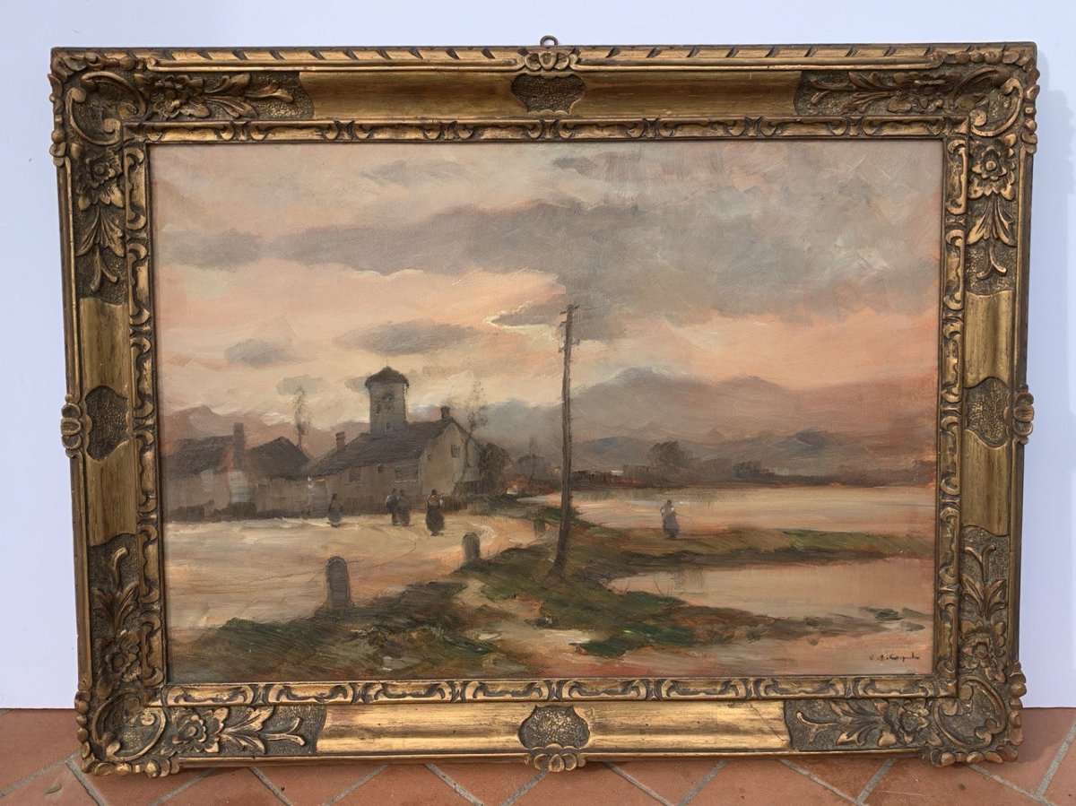 Vittorio Antonio Cargnel (venice 1872 - Milan 1931) - Landscape With Village And Figures.-photo-1