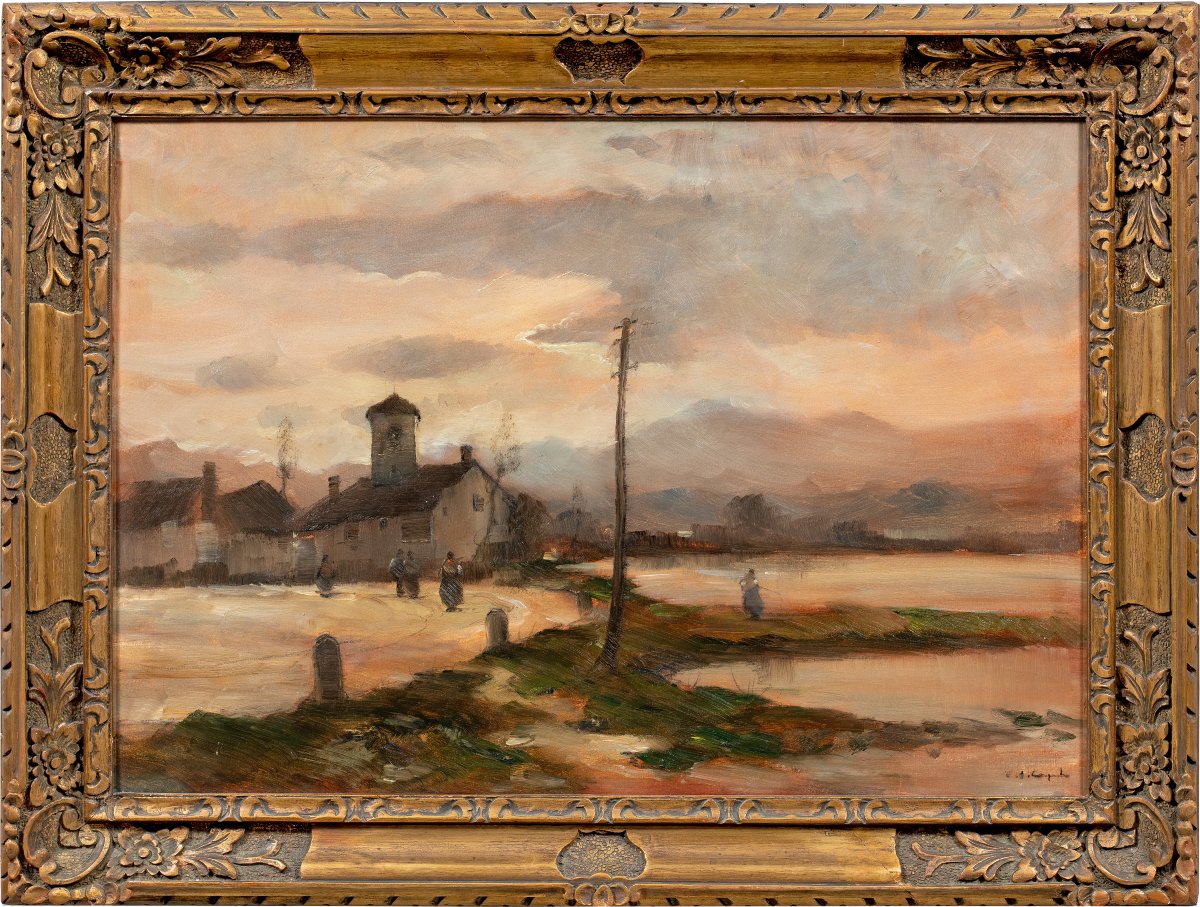 Vittorio Antonio Cargnel (venice 1872 - Milan 1931) - Landscape With Village And Figures.