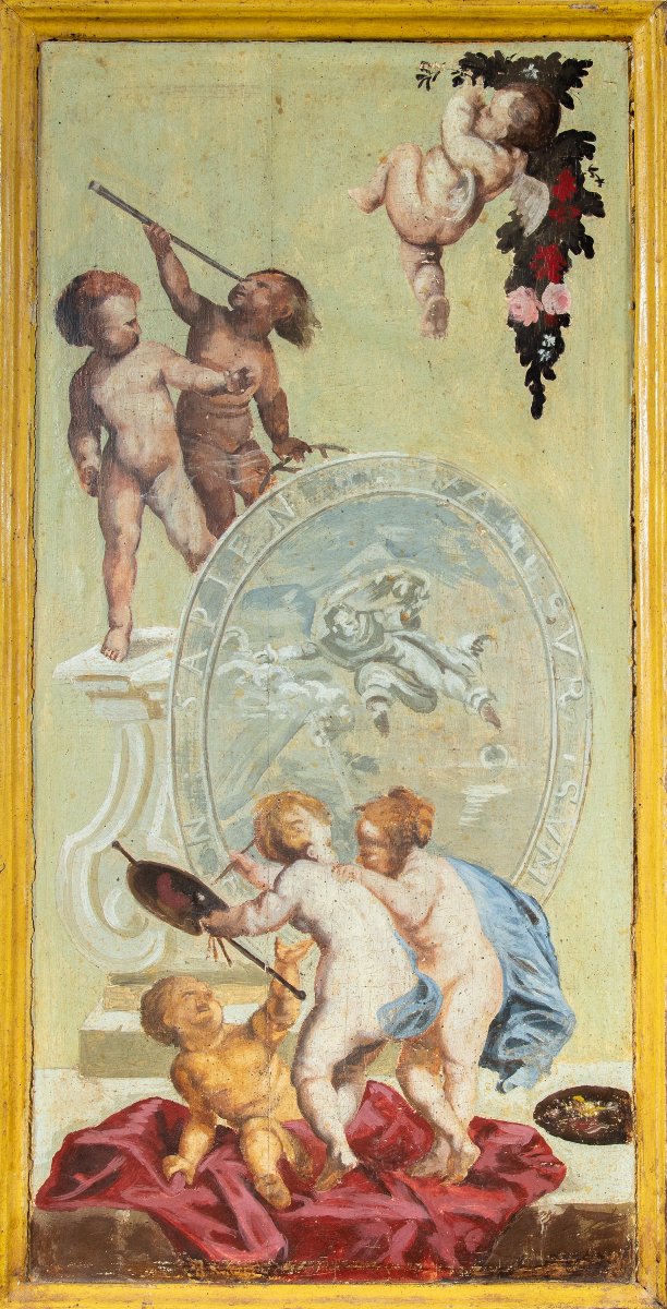 Trumeau With Two Bodies In Lacquered And Painted Wood. Rome, 18th Century.-photo-1