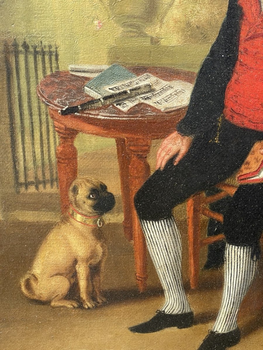 Peintre anglais (XVIIIe-XIXe siècle) - Portrait d'un gentilhomme avec un carlin.-photo-2