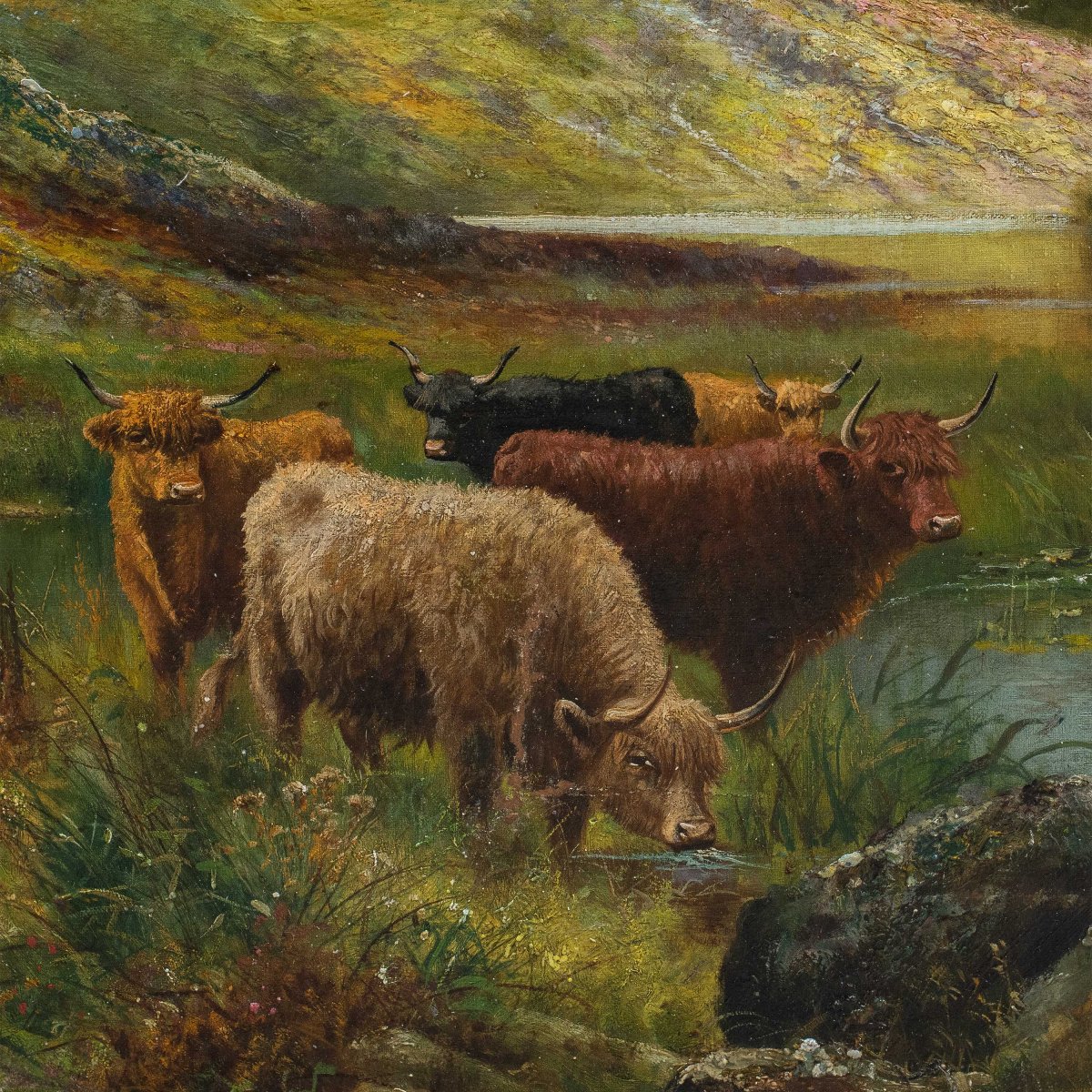 British Painter (late 19th Century) - Highland Cattle By A Lake.-photo-2