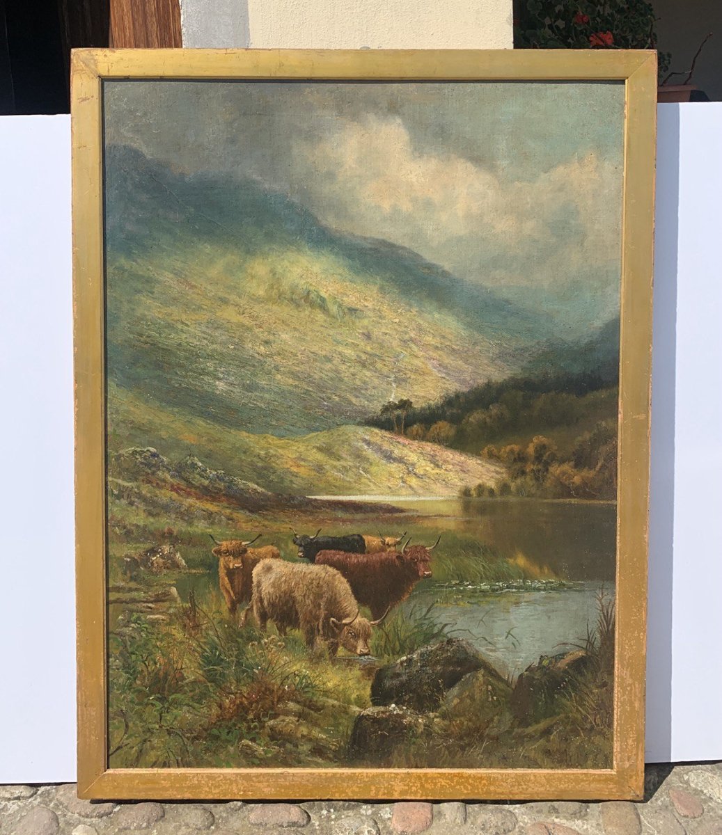 British Painter (late 19th Century) - Highland Cattle By A Lake.-photo-4