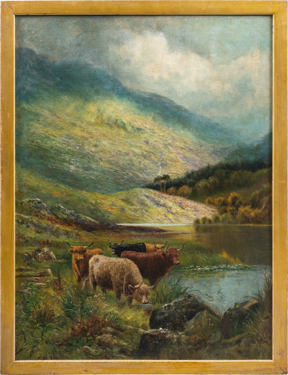 British Painter (late 19th Century) - Highland Cattle By A Lake.