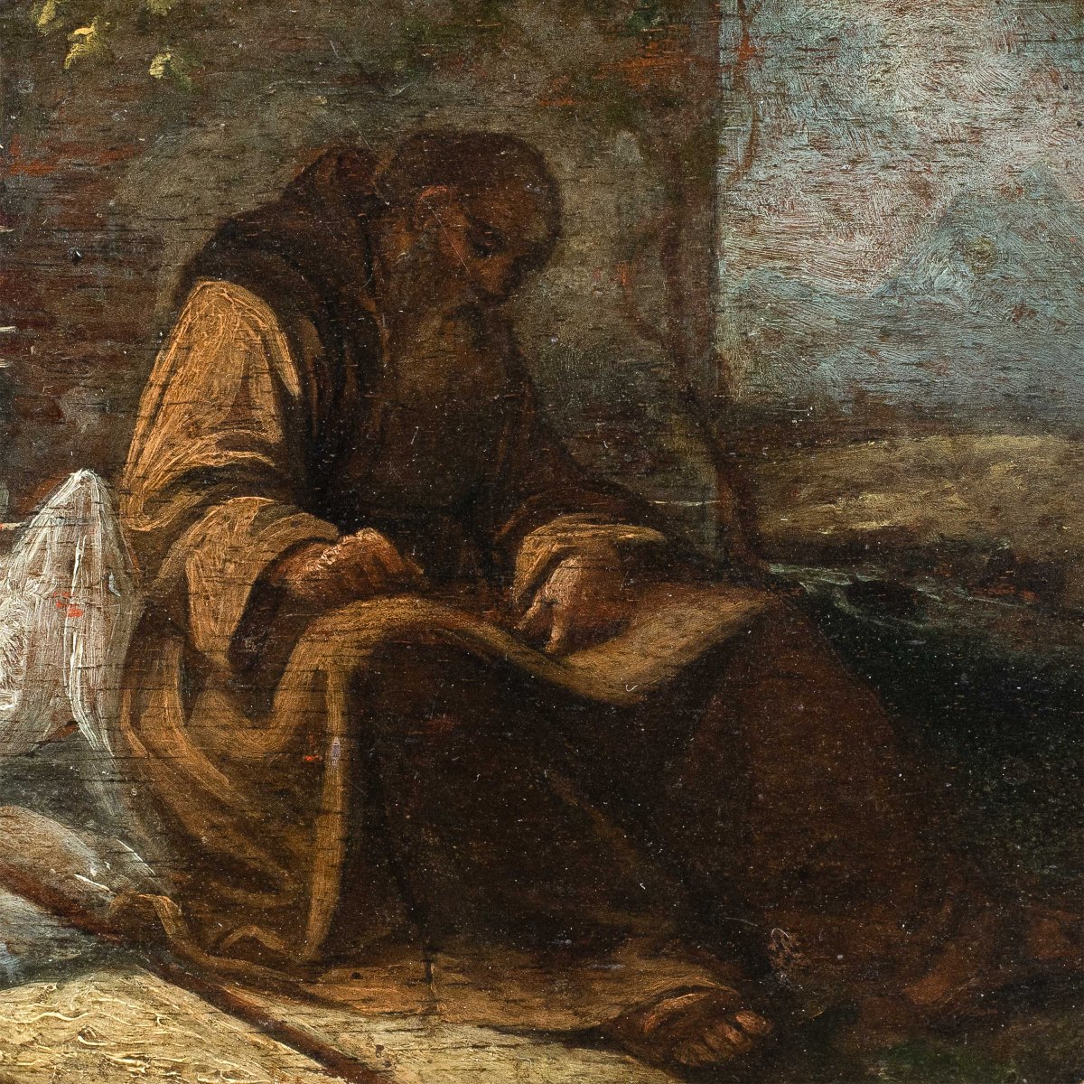 Peintre italien (XVIIe-XVIIIe siècle) - Frère franciscain pèlerin assis et écrivant.-photo-2