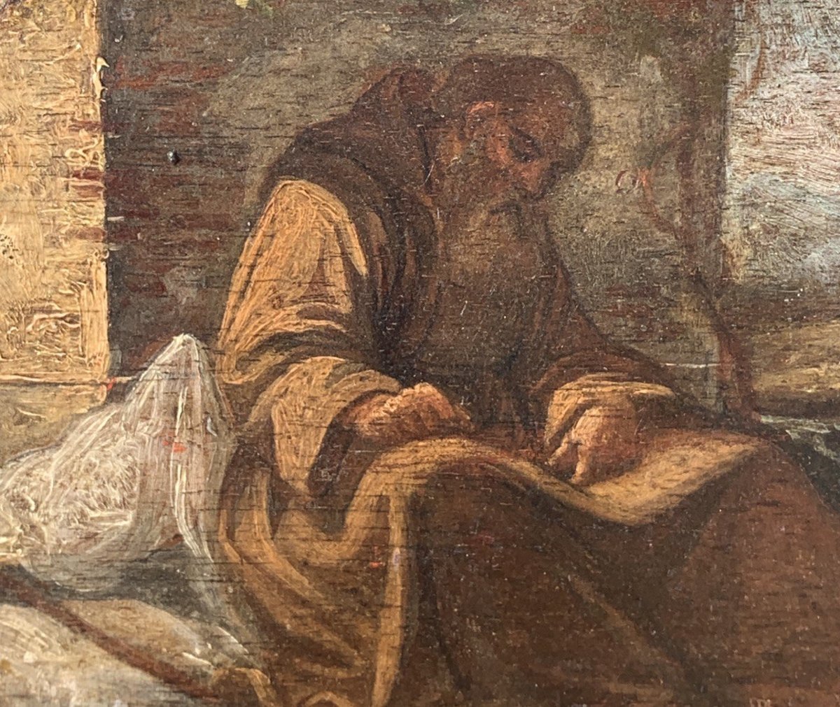 Peintre italien (XVIIe-XVIIIe siècle) - Frère franciscain pèlerin assis et écrivant.-photo-1