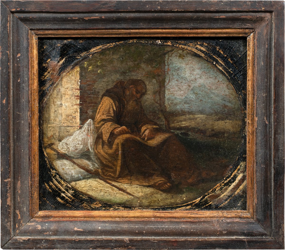 Peintre italien (XVIIe-XVIIIe siècle) - Frère franciscain pèlerin assis et écrivant.