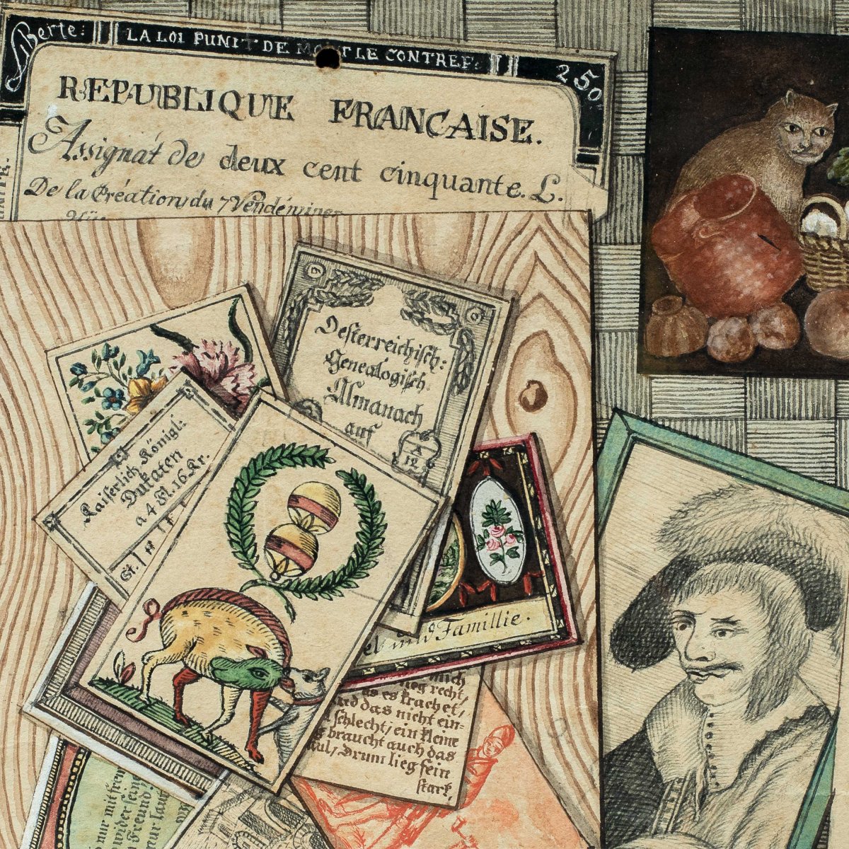 Peintre allemand (XVIIIe-XIXe siècle) - Trompe-l'œil avec documents, gravures et nature morte.-photo-2