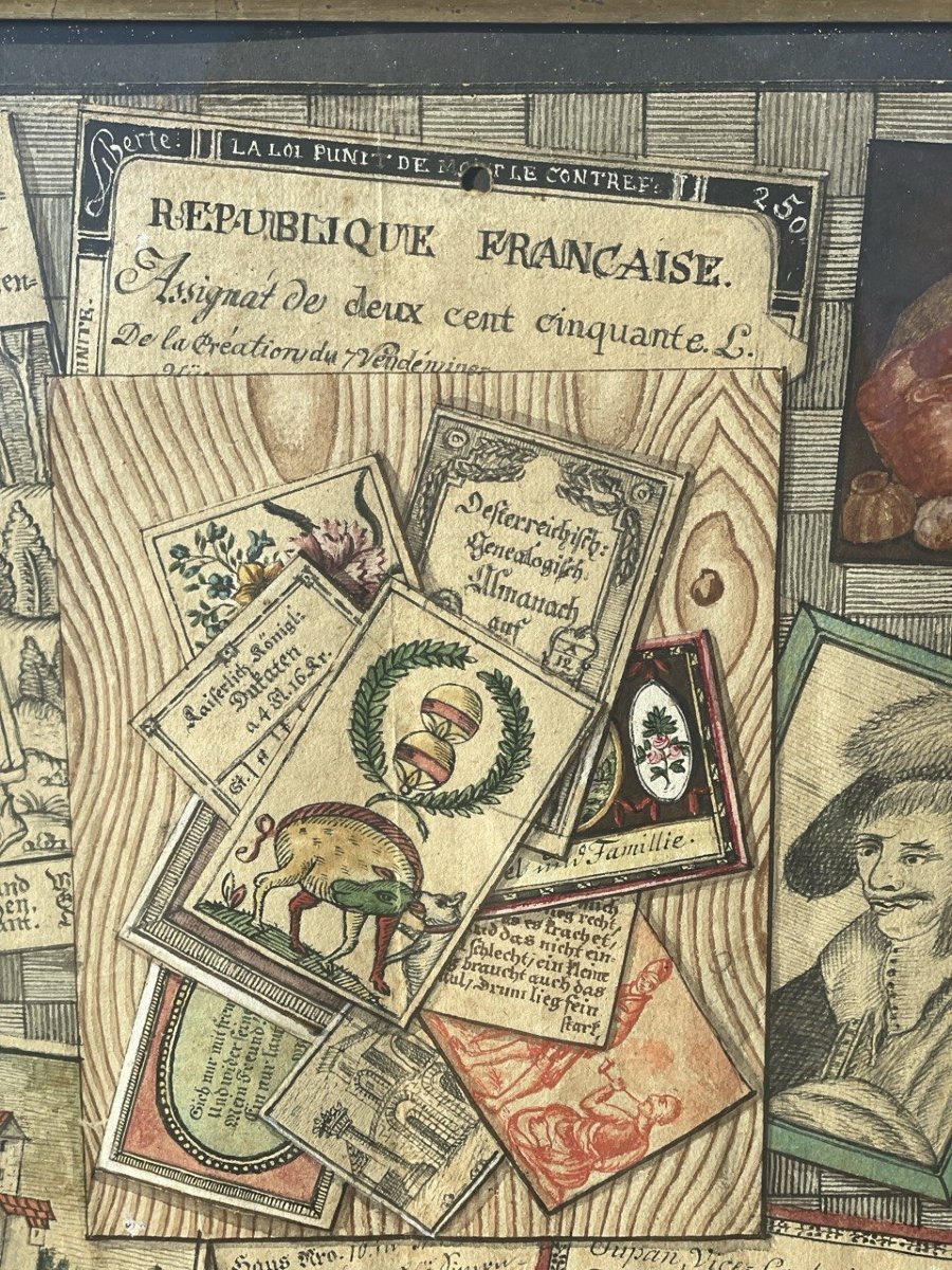 Peintre allemand (XVIIIe-XIXe siècle) - Trompe-l'œil avec documents, gravures et nature morte.-photo-4