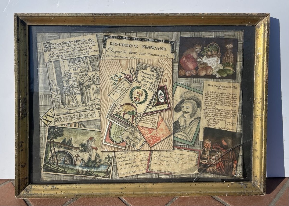 Peintre allemand (XVIIIe-XIXe siècle) - Trompe-l'œil avec documents, gravures et nature morte.-photo-1